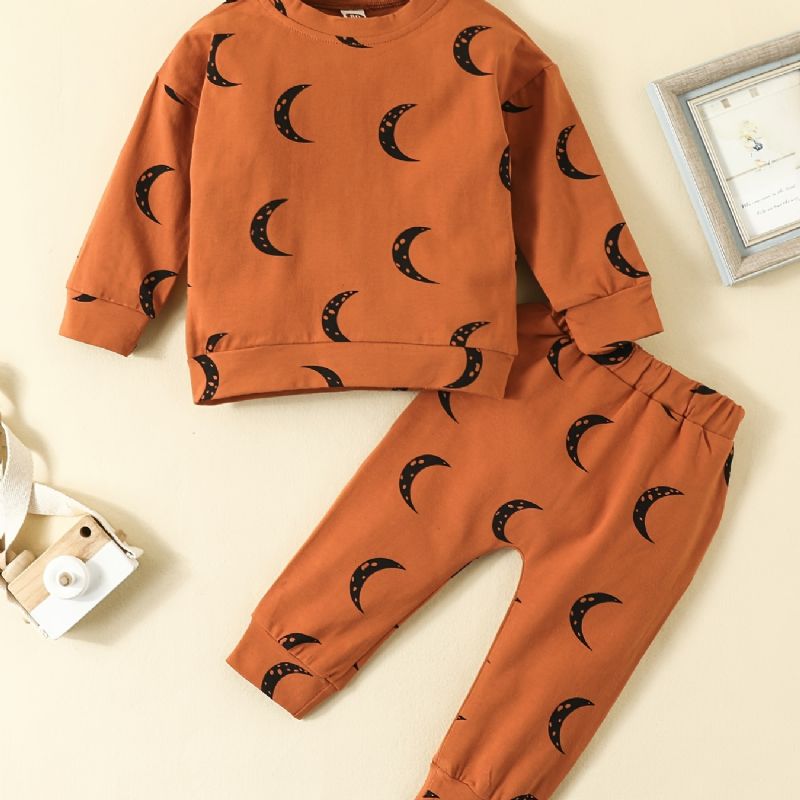 2 Stk Baby Gutter Moon Print Rund Hals Langermet Sweatshirt & Buksesett