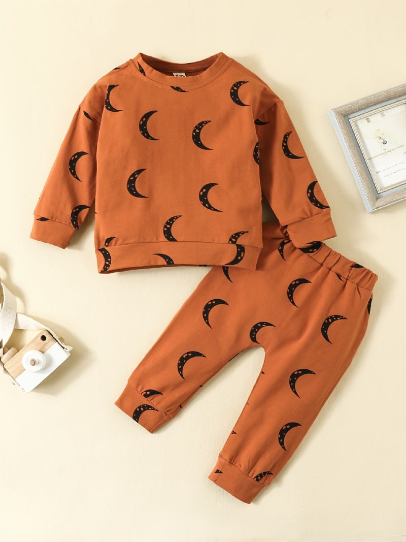 2 Stk Baby Gutter Moon Print Rund Hals Langermet Sweatshirt & Buksesett