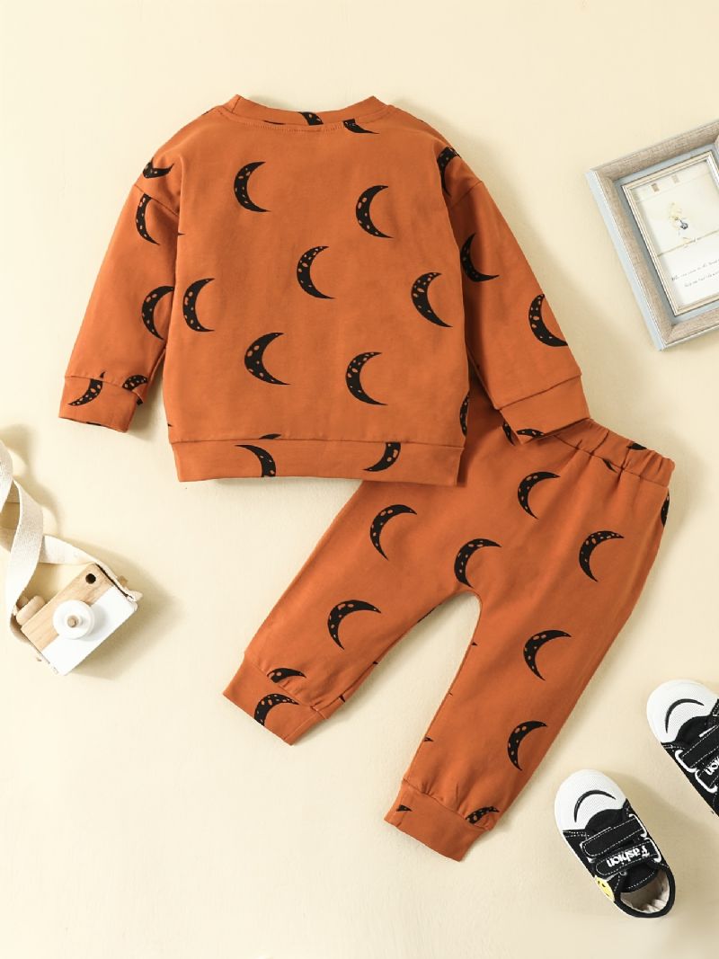 2 Stk Baby Gutter Moon Print Rund Hals Langermet Sweatshirt & Buksesett