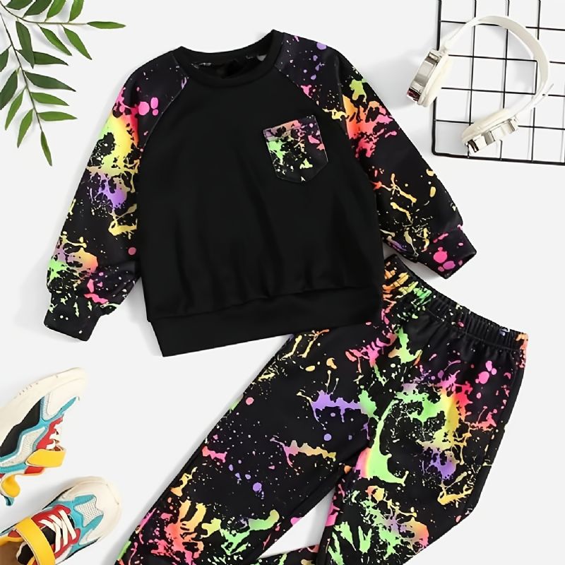 2 Stk Baby Gutter Print Pullover Rund Hals Langermet Sweatshirt & Buksesett Barneklær