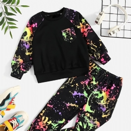 2 Stk Baby Gutter Print Pullover Rund Hals Langermet Sweatshirt & Buksesett Barneklær