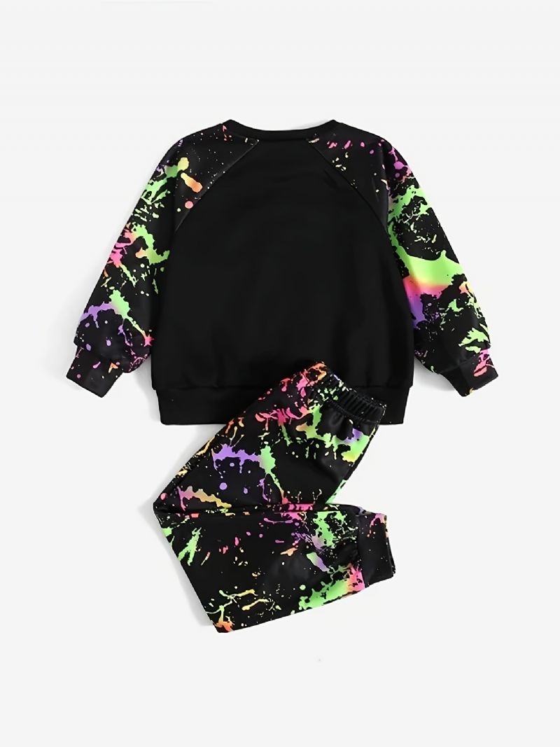 2 Stk Baby Gutter Print Pullover Rund Hals Langermet Sweatshirt & Buksesett Barneklær