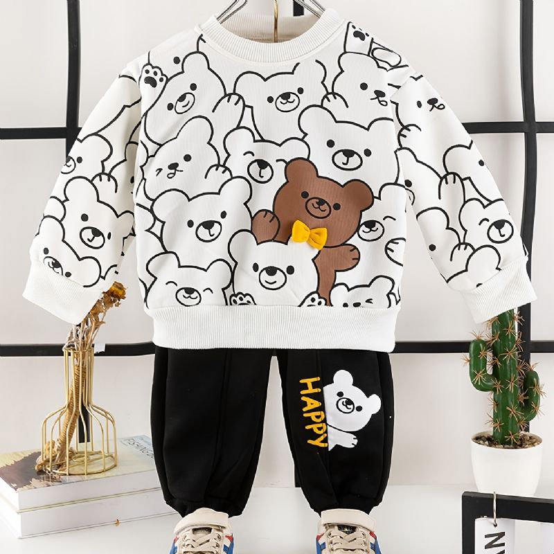 2 Stk Baby Gutter Tegneserie Bear Print Pullover Rundhals Langermet Sweatshirt & Buksesett Barneklær