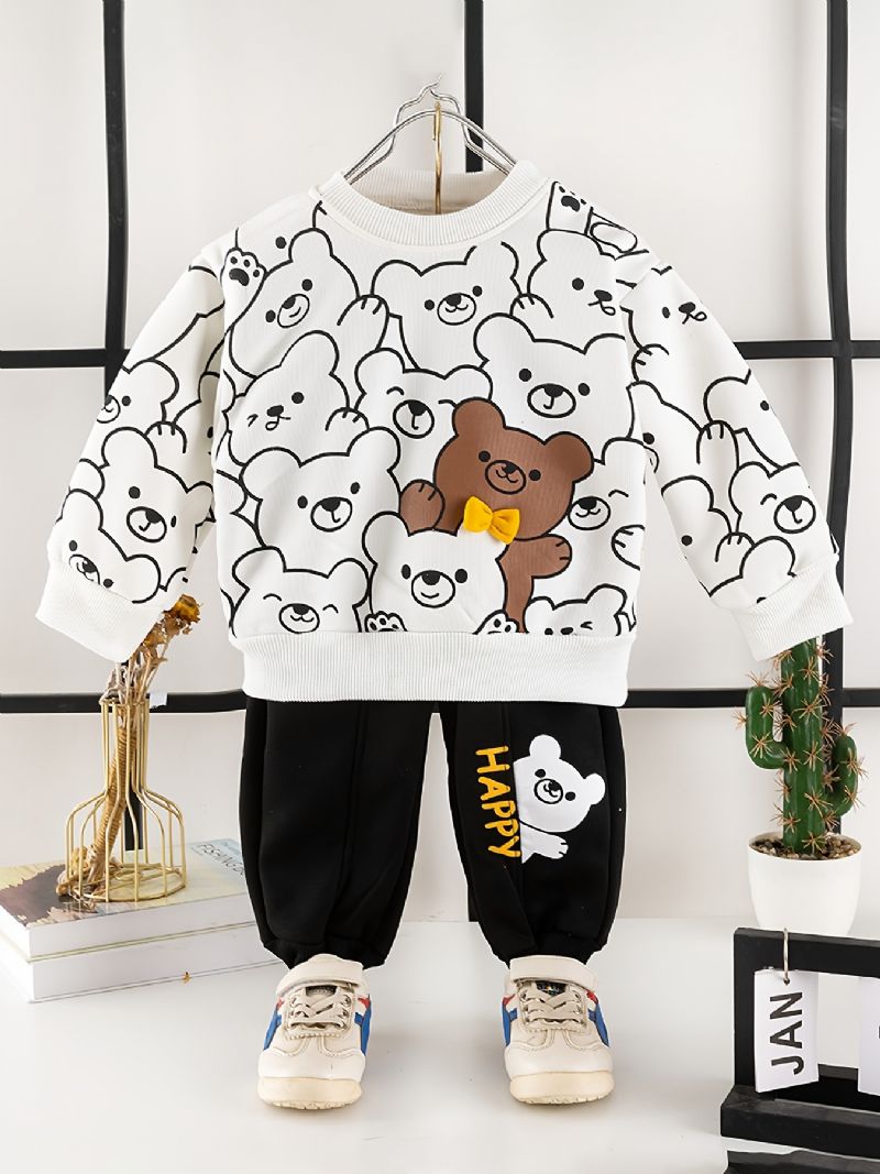 2 Stk Baby Gutter Tegneserie Bear Print Pullover Rundhals Langermet Sweatshirt & Buksesett Barneklær