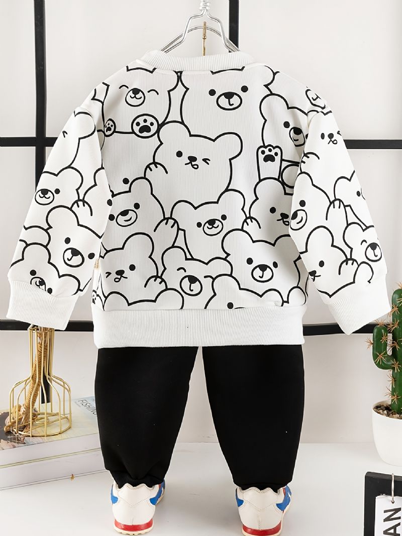 2 Stk Baby Gutter Tegneserie Bear Print Pullover Rundhals Langermet Sweatshirt & Buksesett Barneklær