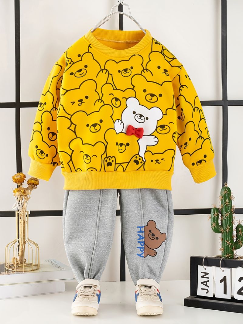 2 Stk Baby Gutter Tegneserie Bear Print Pullover Rundhals Langermet Sweatshirt & Buksesett Barneklær