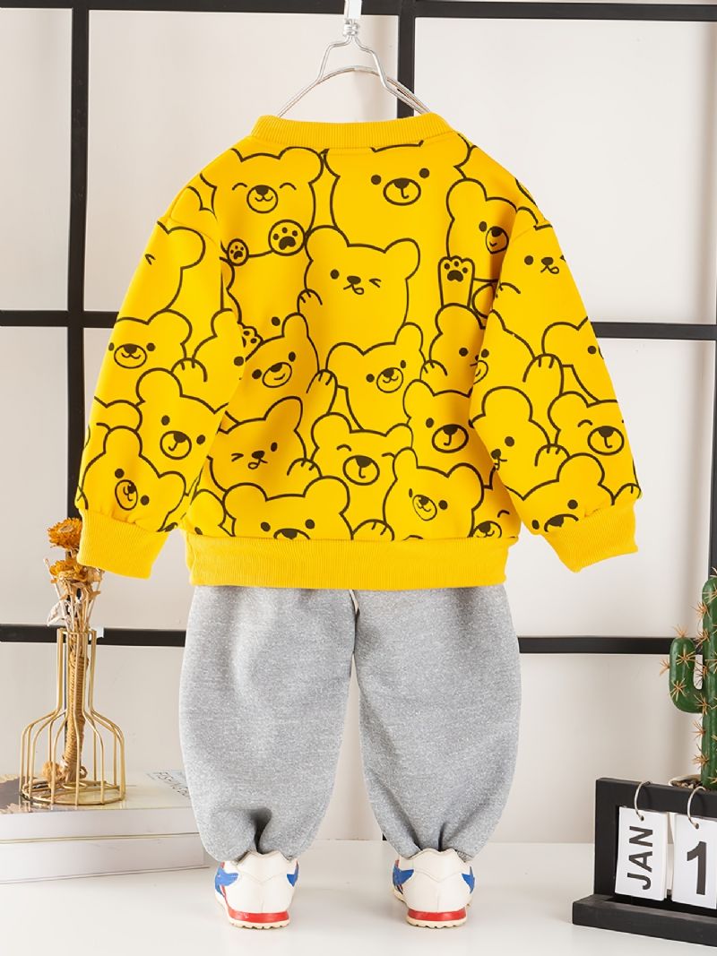 2 Stk Baby Gutter Tegneserie Bear Print Pullover Rundhals Langermet Sweatshirt & Buksesett Barneklær