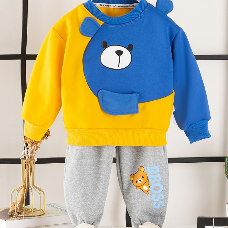 2 Stk Baby Gutter Tegneserie Bjørn Skjøting Genser Rund Hals Langermet Sweatshirt Og Buksesett Barneklær