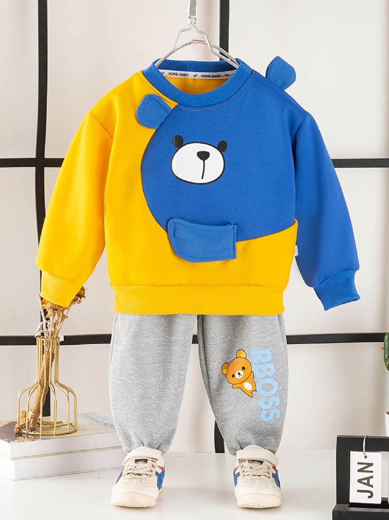 2 Stk Baby Gutter Tegneserie Bjørn Skjøting Genser Rund Hals Langermet Sweatshirt Og Buksesett Barneklær