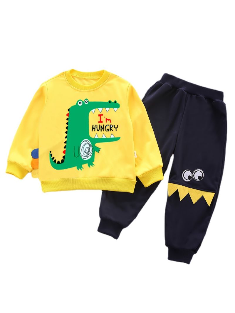 2 Stk Baby Gutter Tegneserie Dinosaur Print Pullover Rundhals Langermet Sweatshirt & Bukser Barneklær Sett