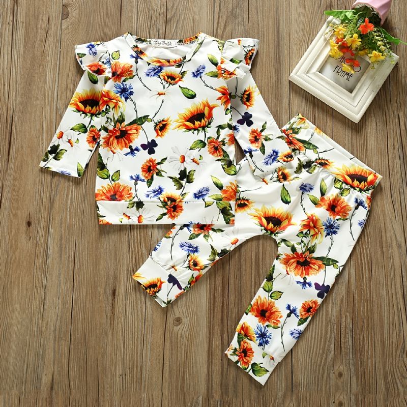 2 Stk Baby Jenter Casual Blomstermønster Topper & Bukser Sett