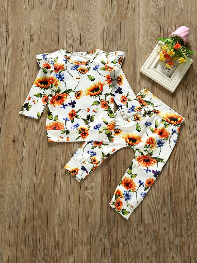 2 Stk Baby Jenter Casual Blomstermønster Topper & Bukser Sett