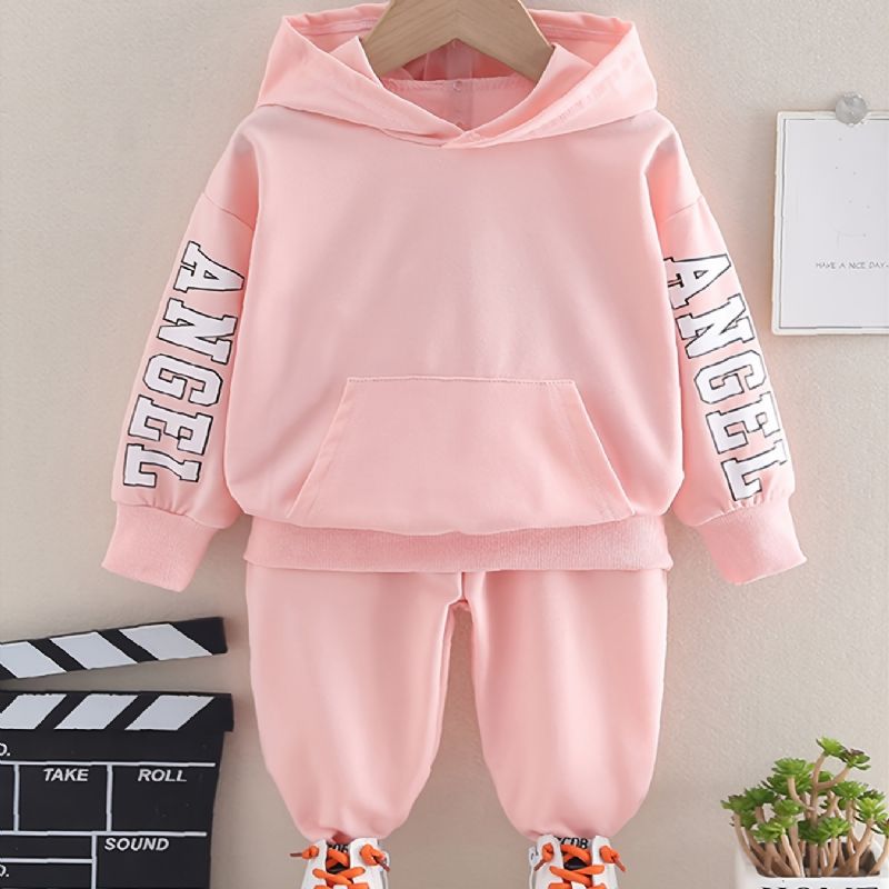 2 Stk Baby Jenter Hettegenser Bokstavtrykk Langermet Genser Sweatshirt & Buksesett