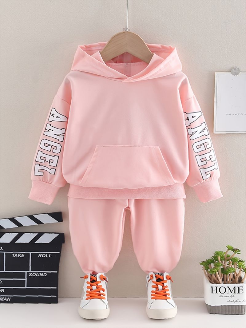 2 Stk Baby Jenter Hettegenser Bokstavtrykk Langermet Genser Sweatshirt & Buksesett