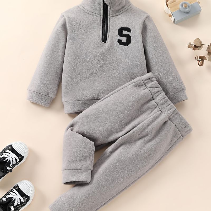 2 Stk Baby Langermet Letter Glidelås Sweatshirt & Joggebuksesett For Gutter Jenter