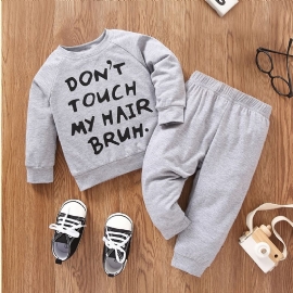 2 Stk Baby Letter Print Pullover Rund Hals Langermet Sweatshirt & Buksesett For Jenter Gutter