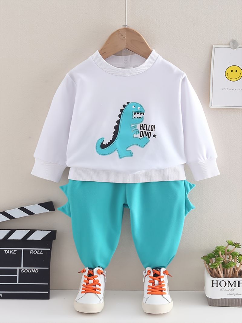 2 Stk Baby Little Dinosaur Print Pullover Rund Hals Langermet Sweatshirt & Buksesett For Jenter Gutter