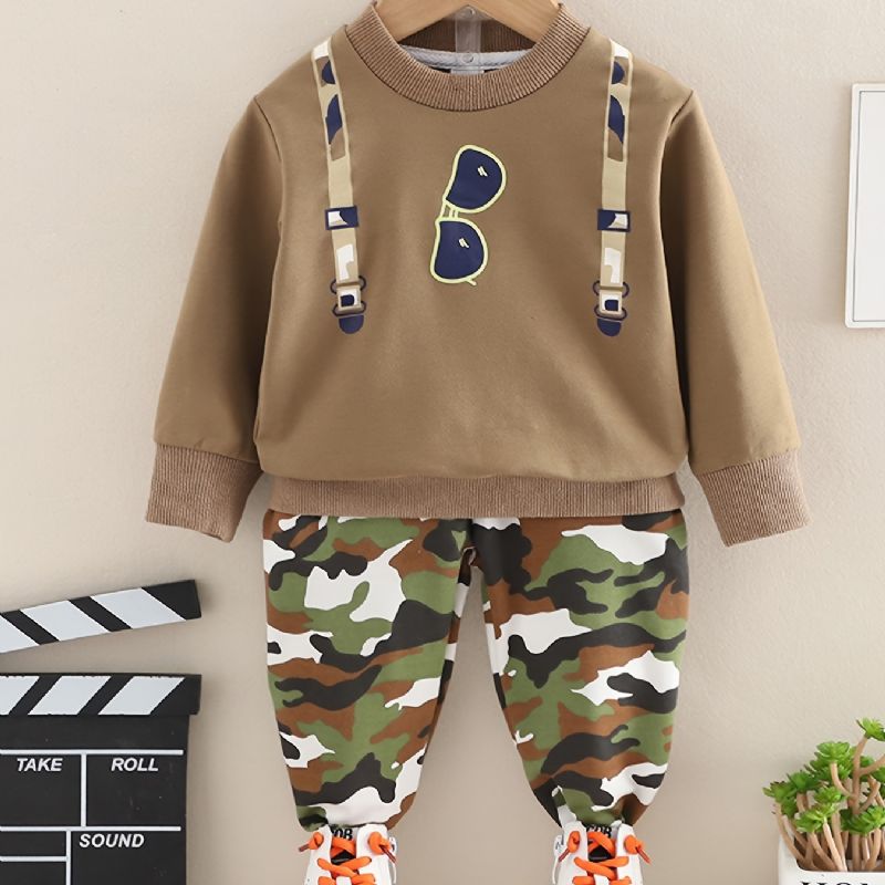 2 Stk Babystropp Solbriller Print Pullover Rundhals Langermet Sweatshirt & Kamuflasjebuksesett For Gutter