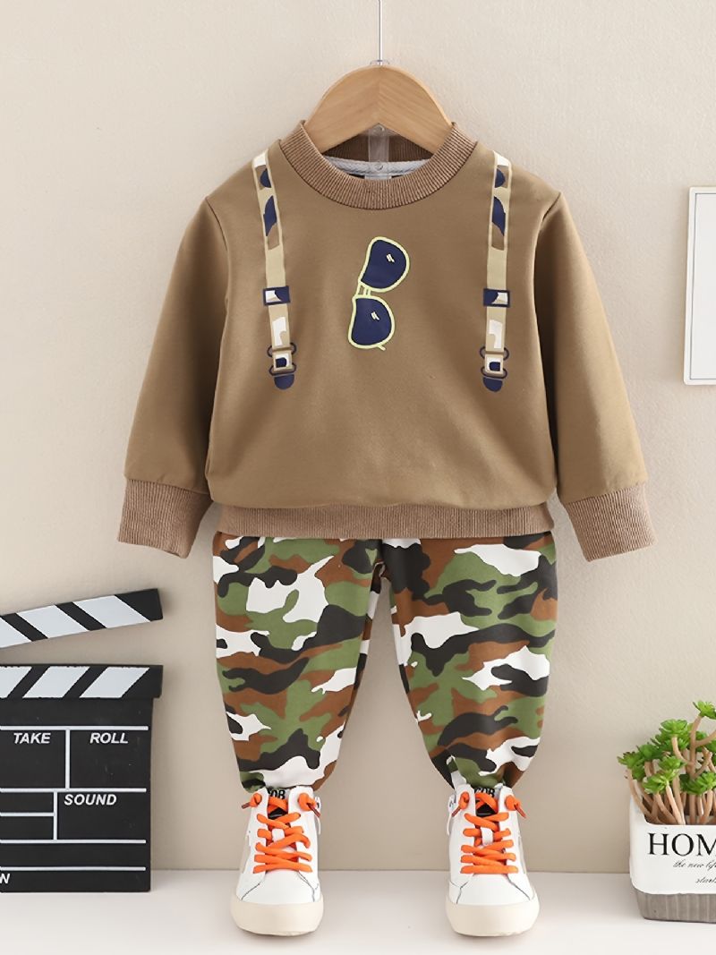 2 Stk Babystropp Solbriller Print Pullover Rundhals Langermet Sweatshirt & Kamuflasjebuksesett For Gutter