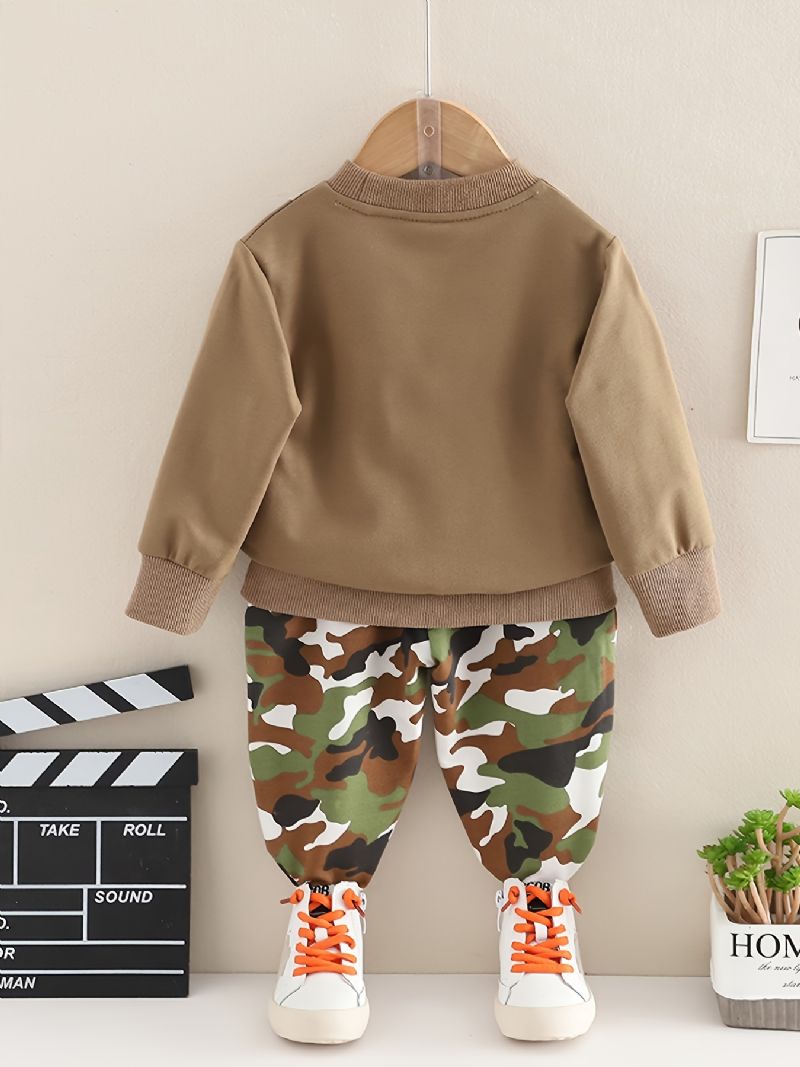 2 Stk Babystropp Solbriller Print Pullover Rundhals Langermet Sweatshirt & Kamuflasjebuksesett For Gutter