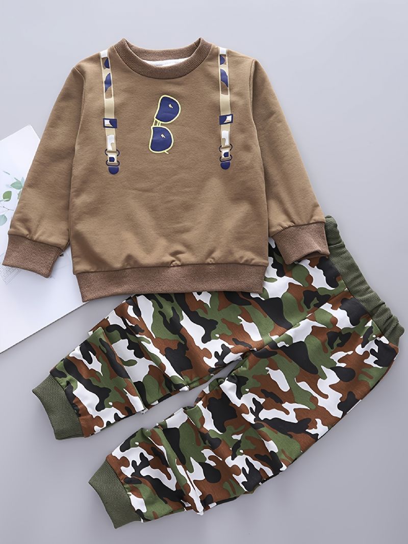 2 Stk Babystropp Solbriller Print Pullover Rundhals Langermet Sweatshirt & Kamuflasjebuksesett For Gutter