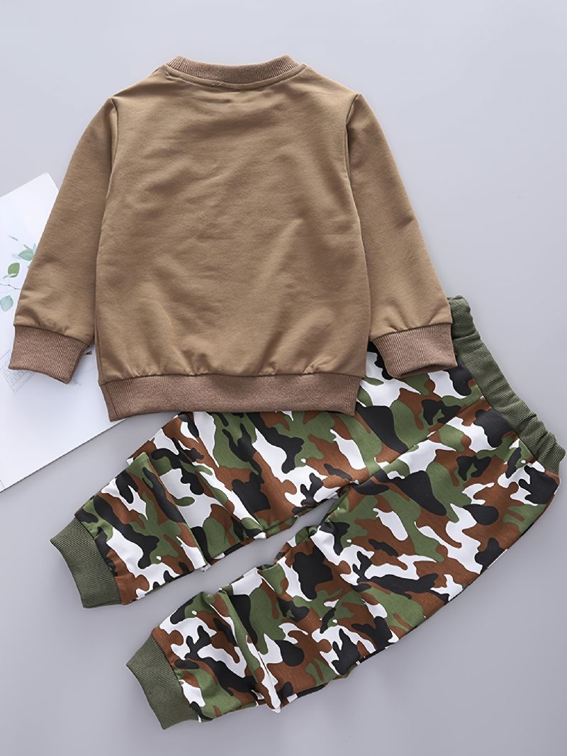 2 Stk Babystropp Solbriller Print Pullover Rundhals Langermet Sweatshirt & Kamuflasjebuksesett For Gutter