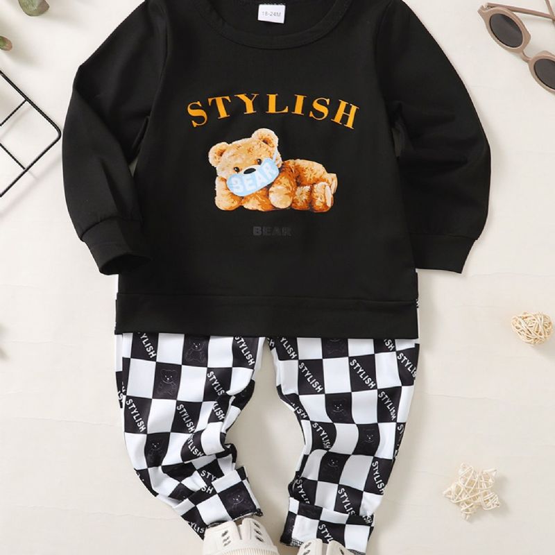 2 Stk Gutter Casual Bear Grafisk Mønster Sweatshirts & Rutete Print Bukser Sett