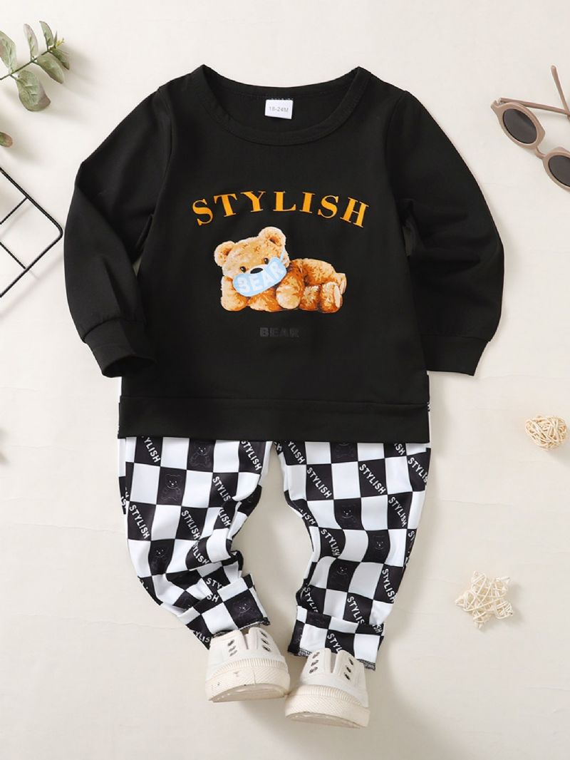 2 Stk Gutter Casual Bear Grafisk Mønster Sweatshirts & Rutete Print Bukser Sett