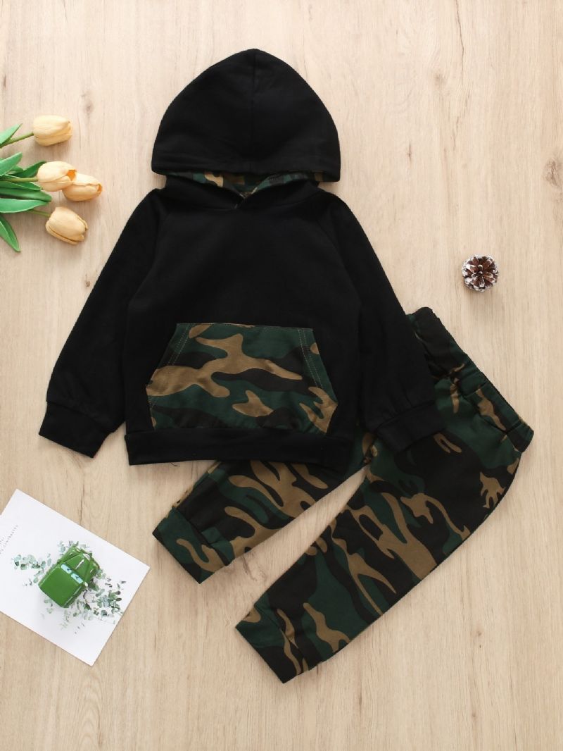 2 Stk Gutter Casual Camo Print Hette Langermet Buksesett