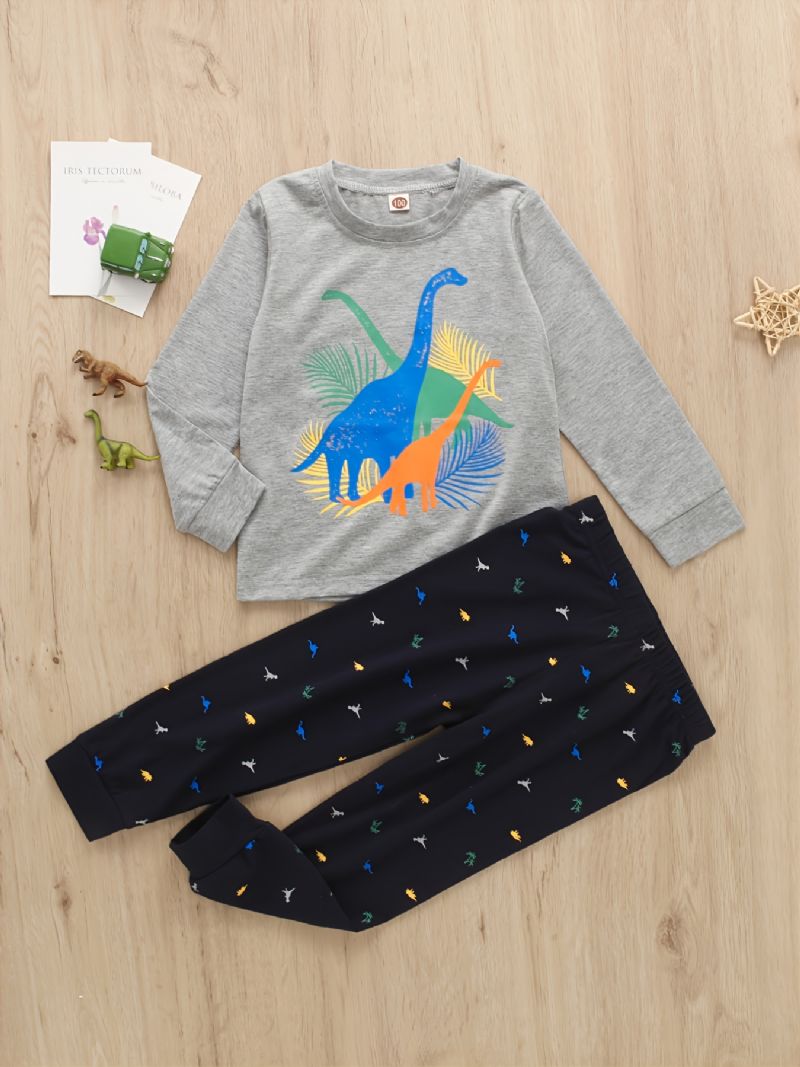 2 Stk Gutter Casual Dinosaur Print Langermet Sett