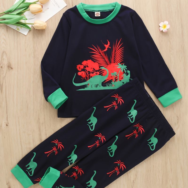 2 Stk Gutter Casual Dinosaur Print Langermet Sett