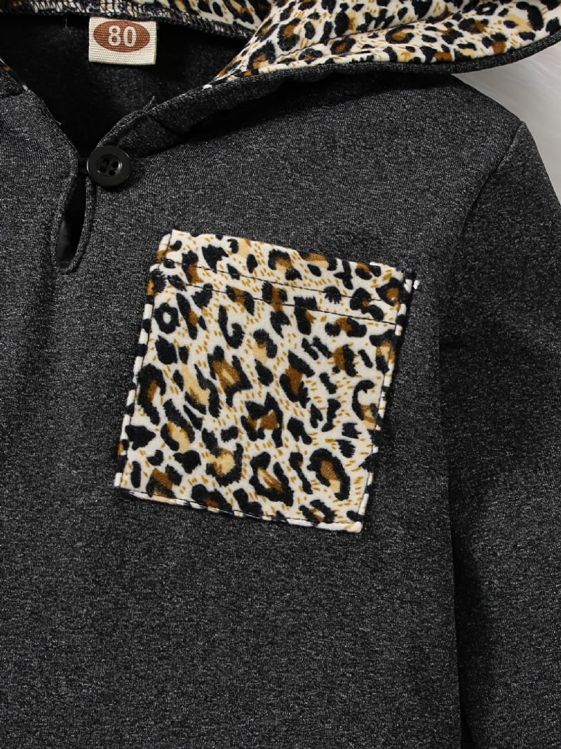 2 Stk Gutter Casual Leopard Print Sett Med Langermet Hettegenser Og Bukser Svart