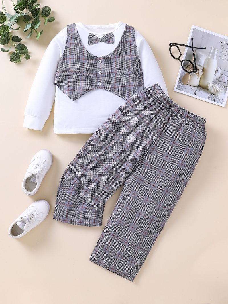 2 Stk Gutter Gingham Bow Sleeve Topp & Buksesett