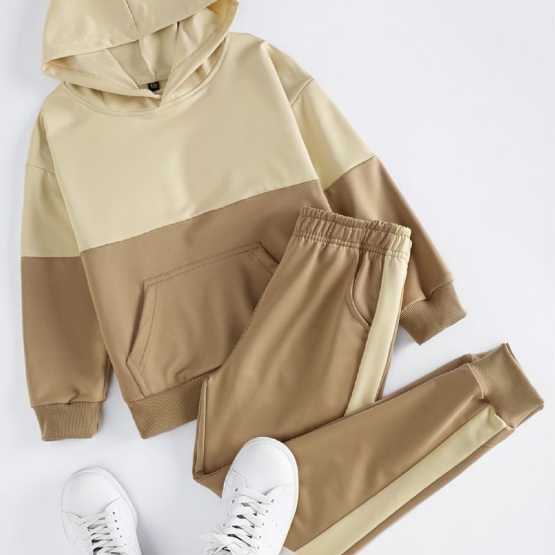 2 Stk Gutter Hette Colorblock Langermet Sweatshirt & Bukser Sett