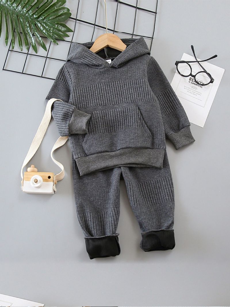 2 Stk Gutter Langermet Hette Lomme Ensfarget Sweatshirt & Bukser Sett