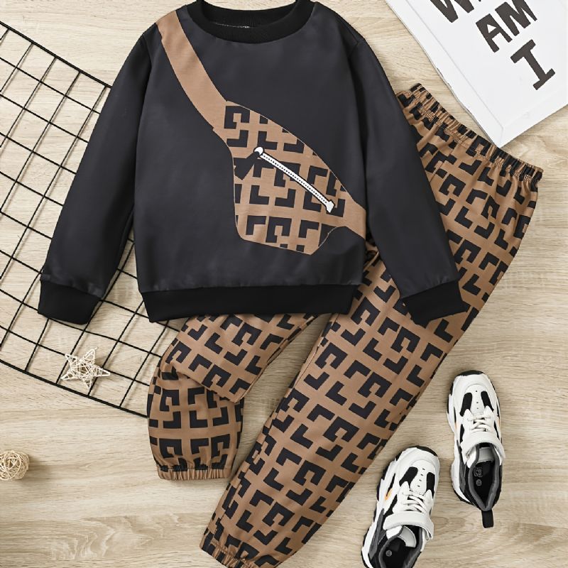 2 Stk Gutter Mote Bag Print Rundhals Langermet Sweatshirt & Buksesett