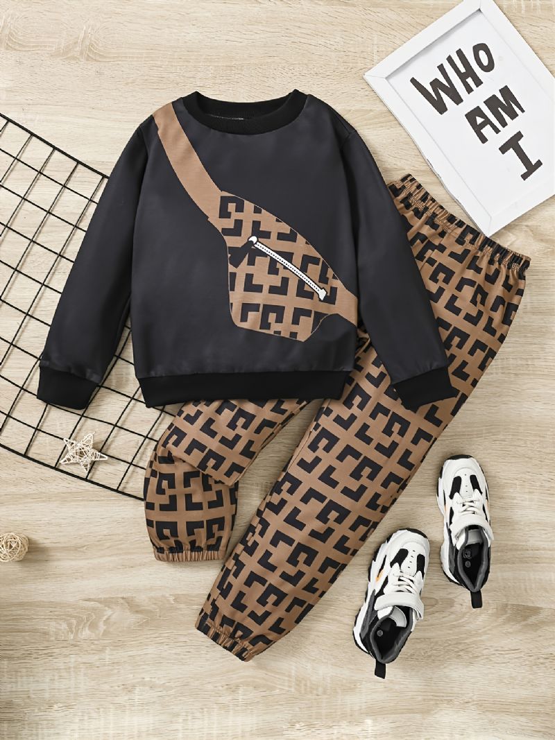 2 Stk Gutter Mote Bag Print Rundhals Langermet Sweatshirt & Buksesett