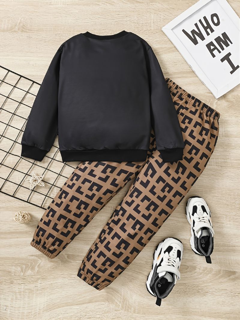 2 Stk Gutter Mote Bag Print Rundhals Langermet Sweatshirt & Buksesett