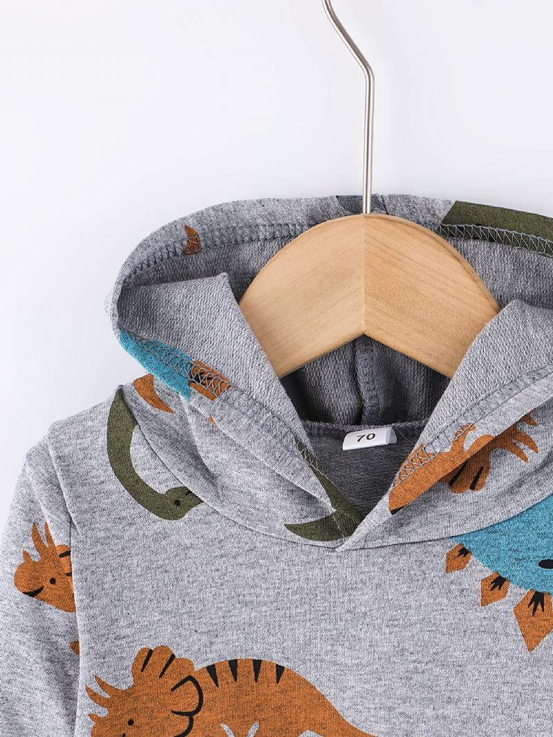 2 Stk Gutter Søt Dinosaur Tegneserietrykk Langermet Hettegenser Sweatshirt Topp Elastisk Midjebuksesett Klær