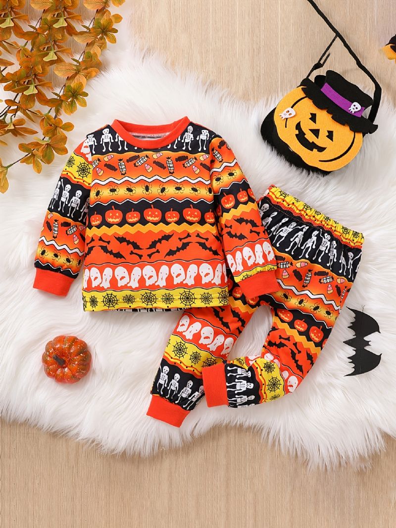 2 Stk Gutter Søt Halloween Print Pyjamas Sett Med Pullover Sweatshirt & Bukser For Party