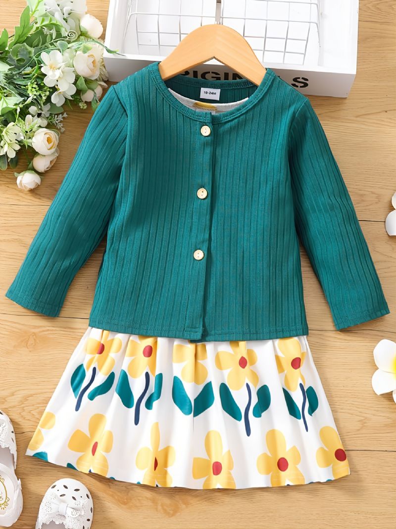 2 Stk Jente Langermet Ensfarget Cardigan & Flower Print Kjolesett