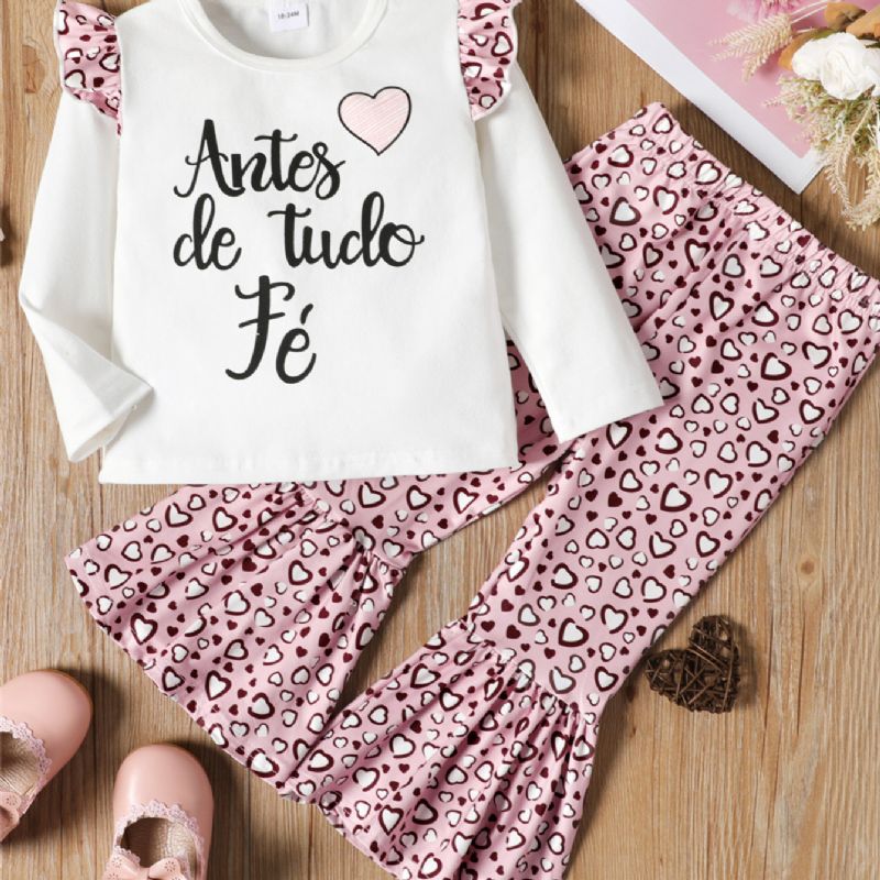 2 Stk Jenter Letter Print Langermet Rosa Leopardbuksesett