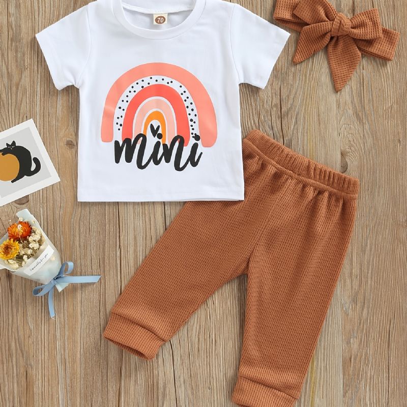 2 Stk Newborn Jentebaby Sett Rainbow Alphabet Print T-shirt Vaffelbukser I Ensfarge