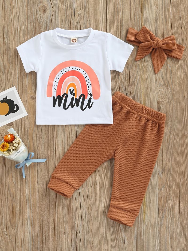 2 Stk Newborn Jentebaby Sett Rainbow Alphabet Print T-shirt Vaffelbukser I Ensfarge