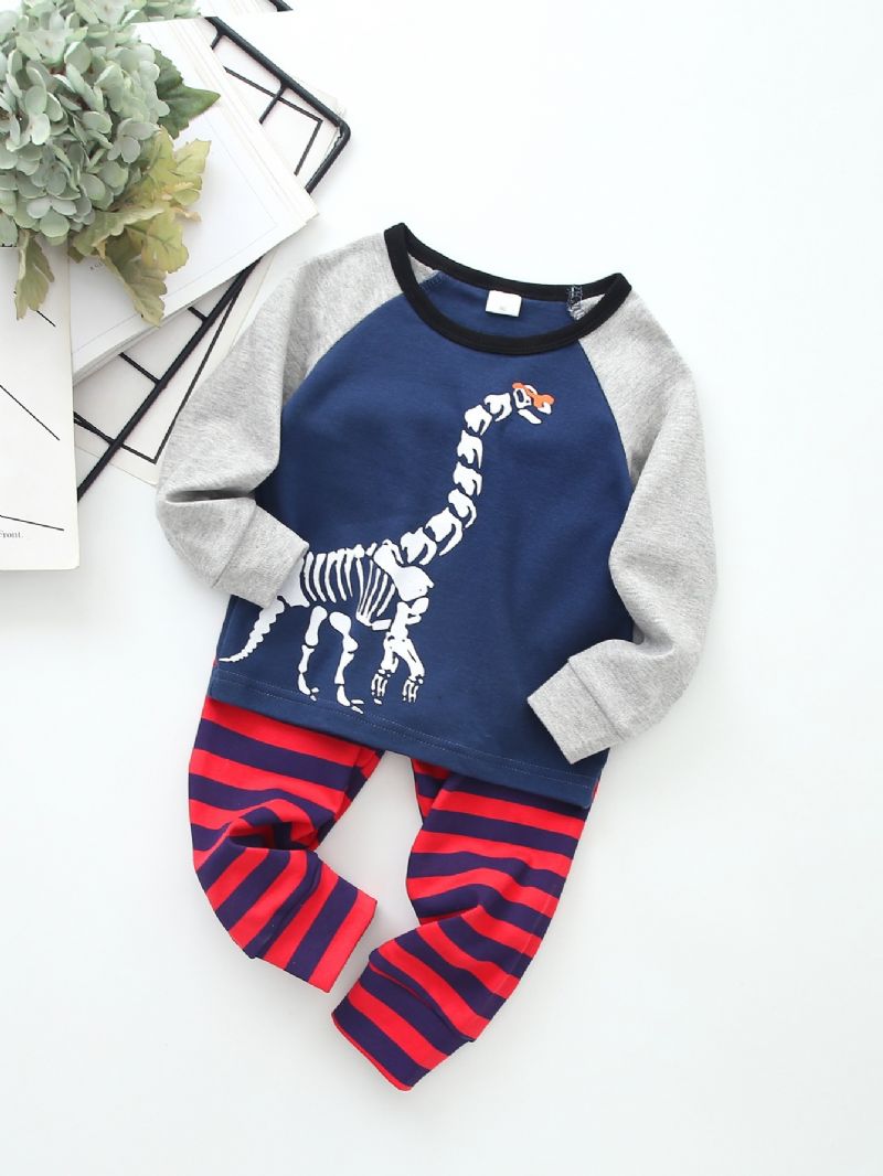 2 Stk Ny Høst Vinter Gutter Og Jenter Dinosaur Print Langermet Sweatshirt Og Stripete Buksesett