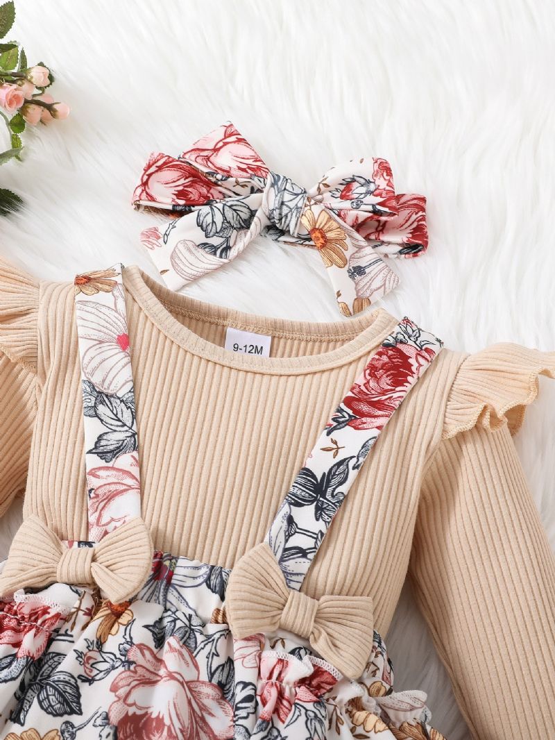 2 Stk Nyfødt Spedbarn Baby Jente Blomster Sløyfe Romper Langermet Ribbet Bodysuit Ruffle Tutu Skjørtsett Pannebånd Sommerklær