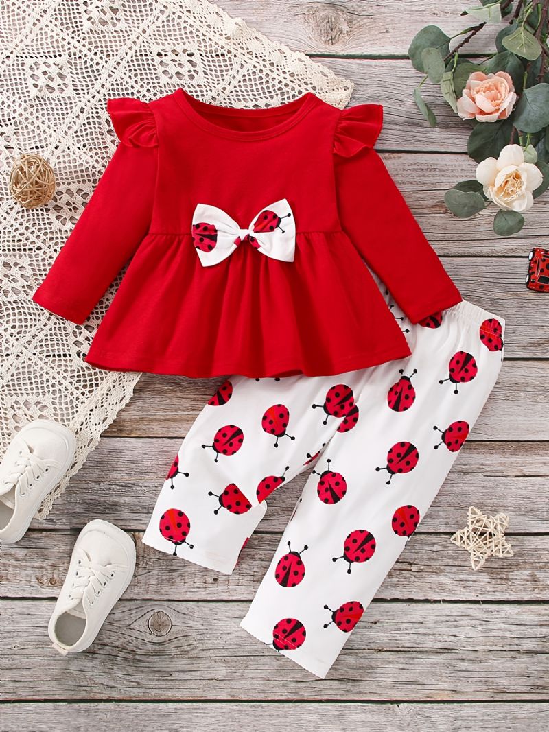 2 Stk / Sett Baby Jenter Flying Sleeve Langermet Sløyfe Topp & Tegneserie Ladybug Print Bukser Babyklær