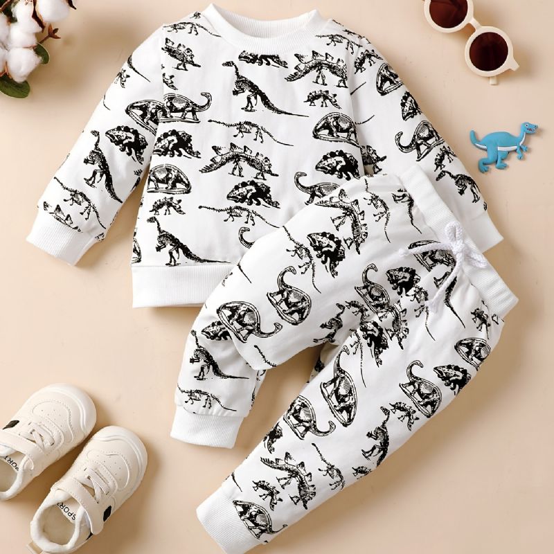 2 Stk Småbarn Gutter Dinosaur Print Sweatshirt Med Rund Hals Og Buksesett