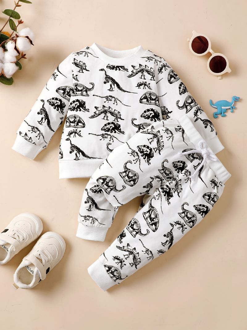 2 Stk Småbarn Gutter Dinosaur Print Sweatshirt Med Rund Hals Og Buksesett