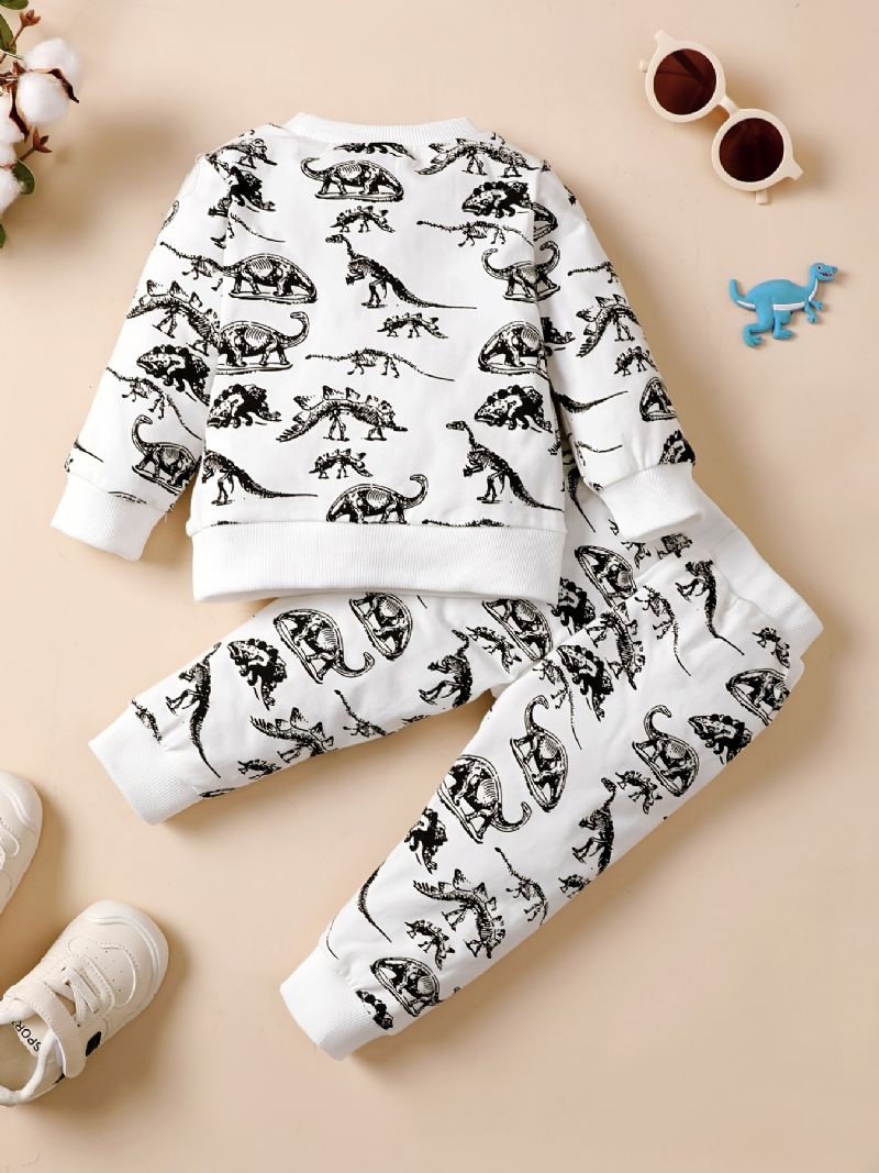 2 Stk Småbarn Gutter Dinosaur Print Sweatshirt Med Rund Hals Og Buksesett